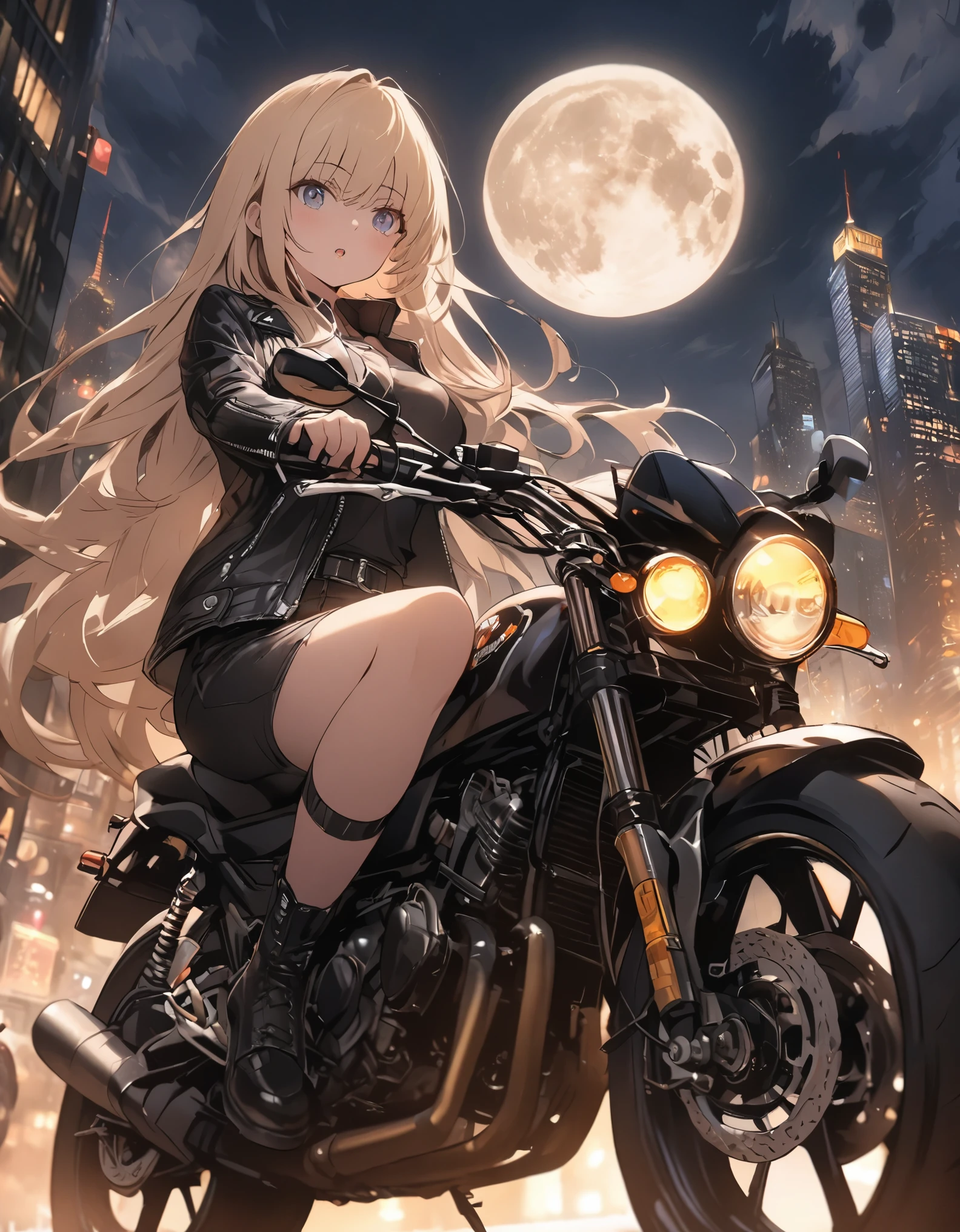 masterpiece、girl、blonde、Long Hair、(((ride a bike))), wear a black leather jacket, night city background, full moon、Composition from below、((low angle illustration))