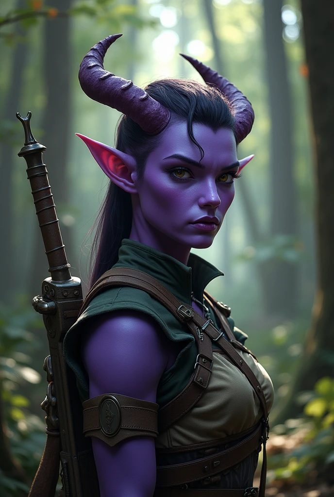 Tiefling, ranger, dnd, vertical lip scar, violet skin color, 10000 thousand yard stare,
wolfcut, close head bent left horn, close head bent right crooked horn, sharp chin, black hair, black eyes. really bent horns, slim