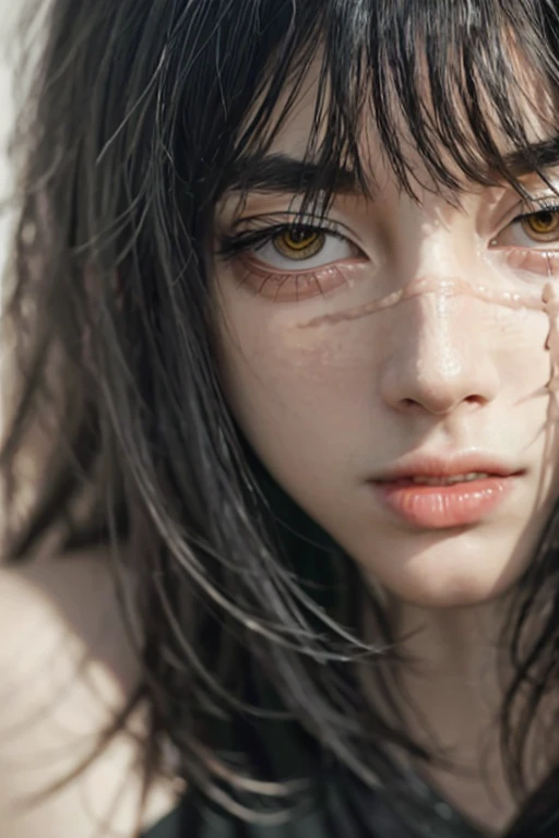 yoru woman with long hair and a black shirt, full scene shot,, close-up of the film scene, inspired by shiori tsukada, hyperrealistic filmStill, still video, Photorealistic film still, 8k sensual lighting, stoya expressive oil painting, sensual digital painting