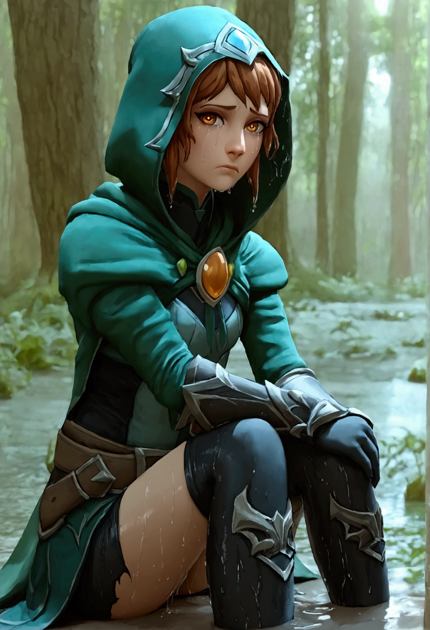 marci, ponytail, jacket, brooch, green cape, vambraces, black leggings, belt full body, small breasts, sad, frown, panic in eyes, wide hips,(long legs:1.4),looking at viewer,thighs,dota 2,outdoors,best quality,ultra-detailed,masterpiece,finely detail,highres, torn clothes, imminent rape, imminent gangbang, kneeling, pleading, surrounded, wetting self, wetting, leggings, peed her leggings, wet spot on leggings, wet crotch, stained leggings