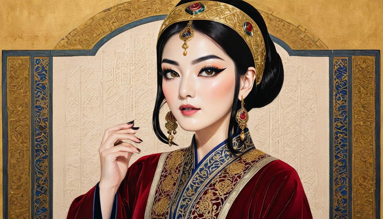 Artist design, persian empire, , embroidered, adventurecore, velvet, thick impasto painting, character map, low angle, priestess, korean makeup, arabic interior design
