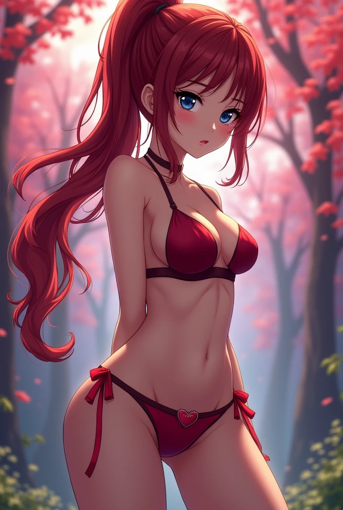 a beautiful anime girl, dark red hair in a ponytail, dark blue eyes, large breasts, mini skirt, heart-shaped pasties, seductively showing off breasts, 1girl, detailed eyes, detailed lips, long eyelashes, extremely detailed, photorealistic, 8k, HDR, masterpiece, vivid colors, dramatic lighting, fantasy, anime style
