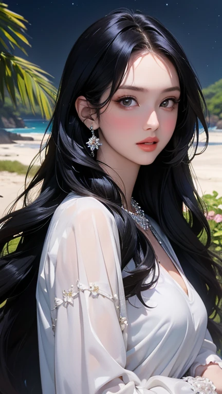 (masterpiece,Highest quality,,8k,High resolution),One female,,Beautiful Face,Beautiful Face,Beautiful eyes,Beautiful lips,,Black Hair,look back,,flower,Sandy beach with a view of the forest,A bright night with stars visible,jewelry,Holding,Long sleeve,necklace,Long Hair,dress,(whole body),Highly detailed anime art,