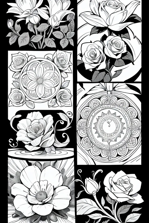 Coloring page for kids, cartoon style, low detail, no shadows, black and white image, plants, flowers, patterns, ornament. roses