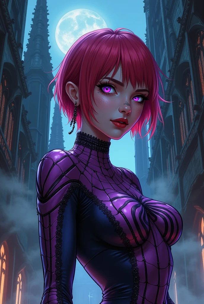 Gothic girl comic style with short red hair,with purple spiderman outfit,piercings, sitting