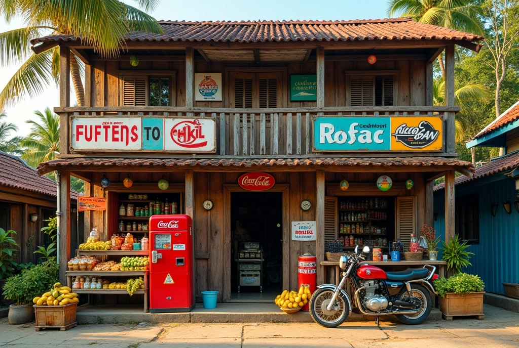 Digital art creates an image of an old shop in the past of Thailand, which is a two-story wooden building with an old structure. The ground floor is a small grocery store selling consumer goods and snacks. In the shop, there are old advertising signs made of zinc, such as signs for beverages, motor oil, and products that were popular at that time. In front of the shop, there is a red Coke machine and snacks such as bananas, corn, and papaya. The atmosphere looks classic and warm, and there is an old motorcycle from the 60s parked next to the shop.