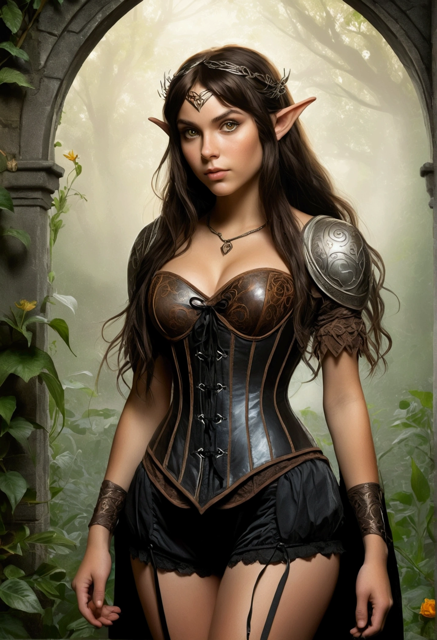 An illustrated movie poster, hand-drawn, full color, a age elven girl, wearing a black corset and bloomer shorts, tall, toned, amazonian stature, athletic hourglass figure, full wide hips, massive round butt, long shapely legs, ridiculously thick powerful thighs, long pointy elf ears, amber eyes, dark hair, long waves with messy bangs, deep sun-tanned skintone, freckles, standing in a misty gothic garden, graphite shading, stencil marks, airbrushed acrylic paint, masterpiece, in the style of the Lord of the Rings
