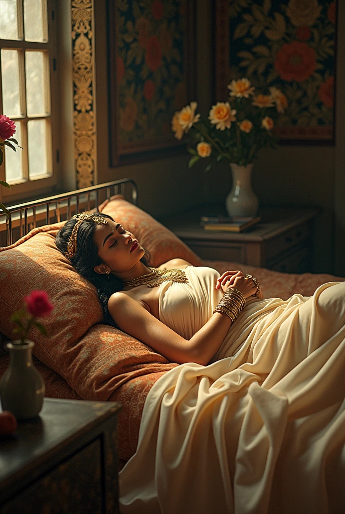 Closer view from the above of devi sita laying on bed crying with eyes closed. Thinking about her husband lord rama. Lord Rama's image is appeared on her heart.