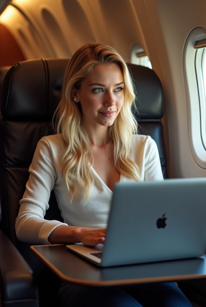 Beautiful 24 year old blonde girl with blue eyes and big breasts is traveling on a plane with her apple computer extremely detailed, realistic, photorealistic, high quality, 4k, 8k, masterpiece, ultra detailed, vivid colors, HDR, studio lighting , sharp focus, physical representation, professional portrait