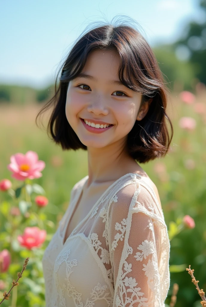 Highest quality, figure, Very detailed, In detail, High resolution, 8k wallpaper, Perfect dynamic composition, Beautiful attention to detail, Face Focus, Soft Light,Lace blouse ,Short Bob Hair,Natural color lip, ,smile,Outdoor、18-year-old girl、cute、looking at the camera