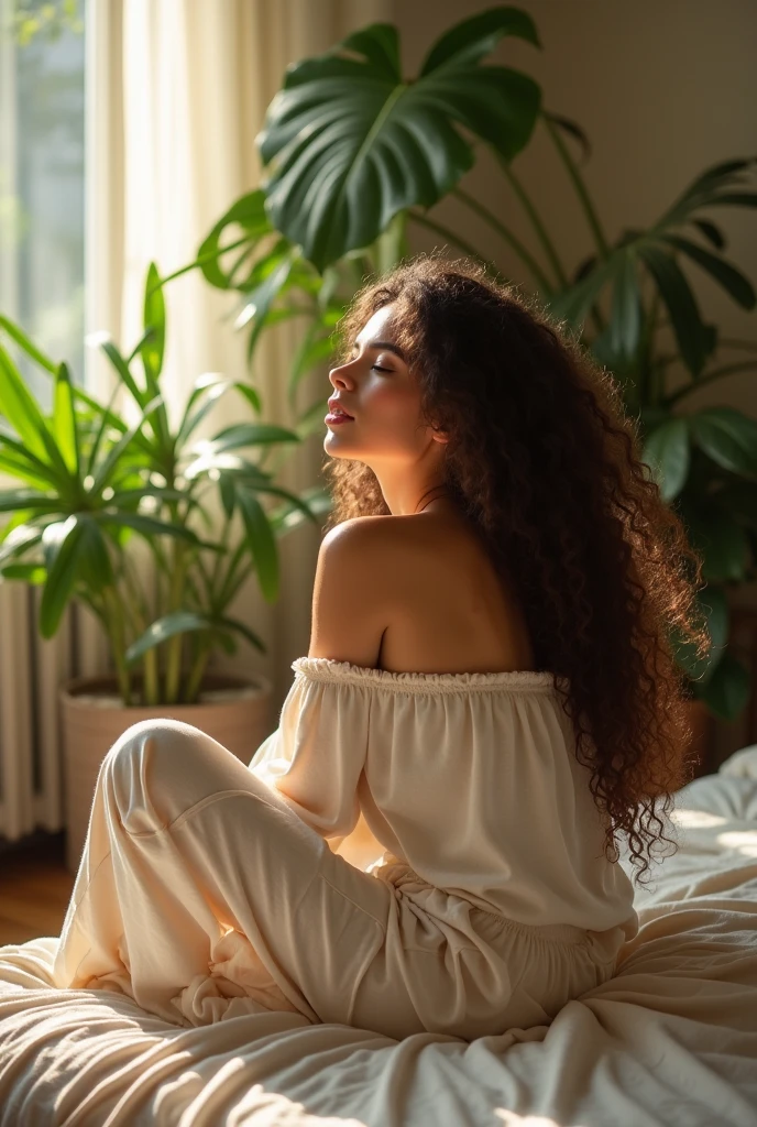 (photorealism:1.2), beautiful woman, sitting on bed, wearing loose off-shoulder top, pajama pants, long curly hair, indoors, soft lighting, plants in background, window with sunlight, cozy room, relaxed pose, realistic, intricate details, warm colors, by Greg Rutkowski, by Alphonse Mucha