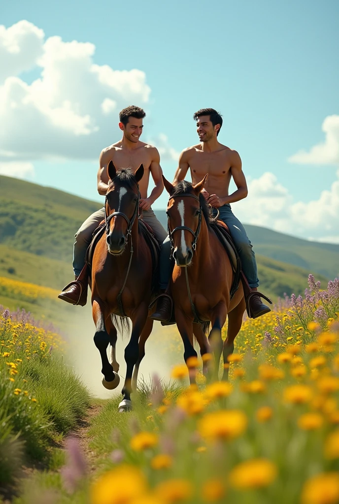 Two young handsome beautiful handsome beautiful face white skin soft skin skinny without shirt black short hair without shirt riding horse together on a single horse