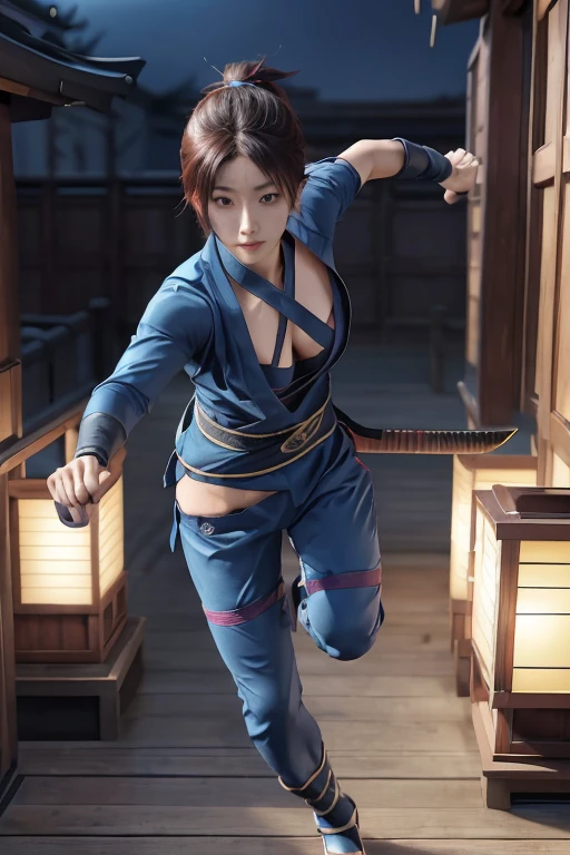 Highest quality,Ultra HD,Best AI Images, Full body photo,(beautiful face like a Japanese actress), Very detailed vfx portrait of, Female Ninja, Japanese kunoichi, cgsociety and Zhong Feng Hua, Covert behavior, Female Ninja, ((sword fighting scene)),sword fighting scene1.3,Portrait of a Japan woman, , Trending on deviantart, ((blue short ninja costume 1.5))，((sexy kunoichi,Big Breasts)), Japanese spy, 3D Rendering, (Beautiful Face 1.5), Key Visual, Vibrant, (((background 1 of a night mansion in the Sengoku period.5))), Very detailed, growing up,