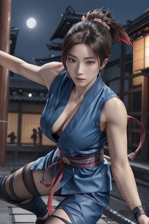 Highest quality,Ultra HD,Best AI Images, Full body photo,(beautiful face like a Japanese actress), Very detailed vfx portrait of, Female Ninja, Japanese kunoichi, cgsociety and Zhong Feng Hua, Covert behavior, Female Ninja, ((sword fighting scene)),sword fighting scene1.3,Portrait of a Japan woman, , Trending on deviantart, ((blue short ninja costume 1.5)),((sexy kunoichi,Big Breasts)), Japanese spy, 3D Rendering, (Beautiful Face 1.5), Key Visual, Vibrant, (((background 1 of a night mansion in the Sengoku period.5))), Very detailed, growing up,