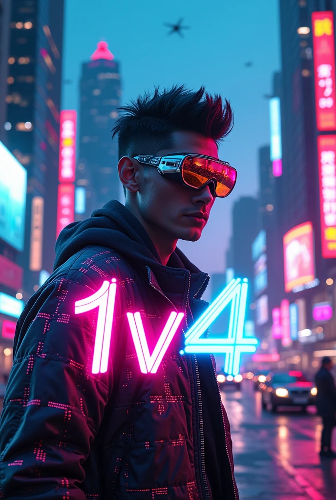 Create a cyberpunk thumbnail background with the numbers 1v4