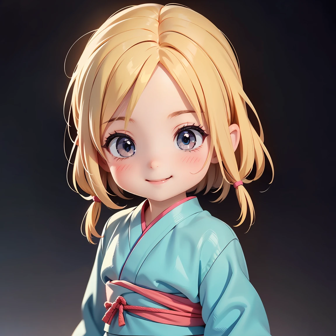 Super Chibi Character:1.8、Blonde Hair、Cute 7 year old girl、Super Chibi Character:1.8、Super Smile、smile、I became a ninja、Ninja Pose