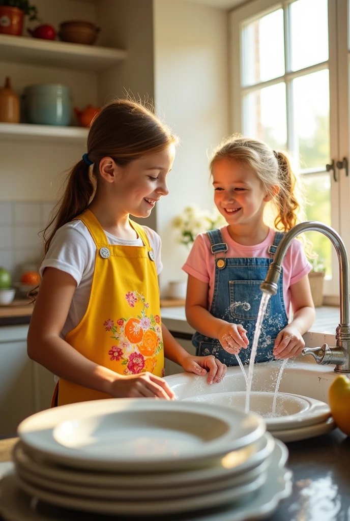 Two daughter they cleaning and washes
