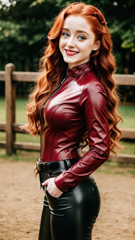 Janet Devlin wearing sexy equestrian rider clothes with lipstick and smiling