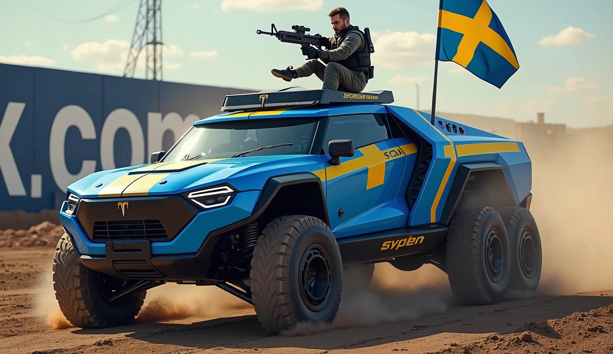 A highly trained Swedish special forces soldier, driving a futuristic blue Tesla Cybertruck with yellow stripes, performing adrenaline-fueled wheelies around a massive X.com logo sign, wielding an imposing heavy machine gun, a swedish flag on the back of the truck, cinematic, dramatic lighting, hyper-realistic, 8K, 3D render, photorealistic, chiaroscuro, moody, gritty, military, tactical, advanced technology, dynamic pose, muscular physique, tactical gear, serious expression, rugged environment, stunning visuals, powerful, intense