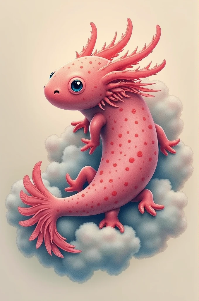 Axolotl tattoo with a side view of its body with branched feathery gills, with a cloud background
