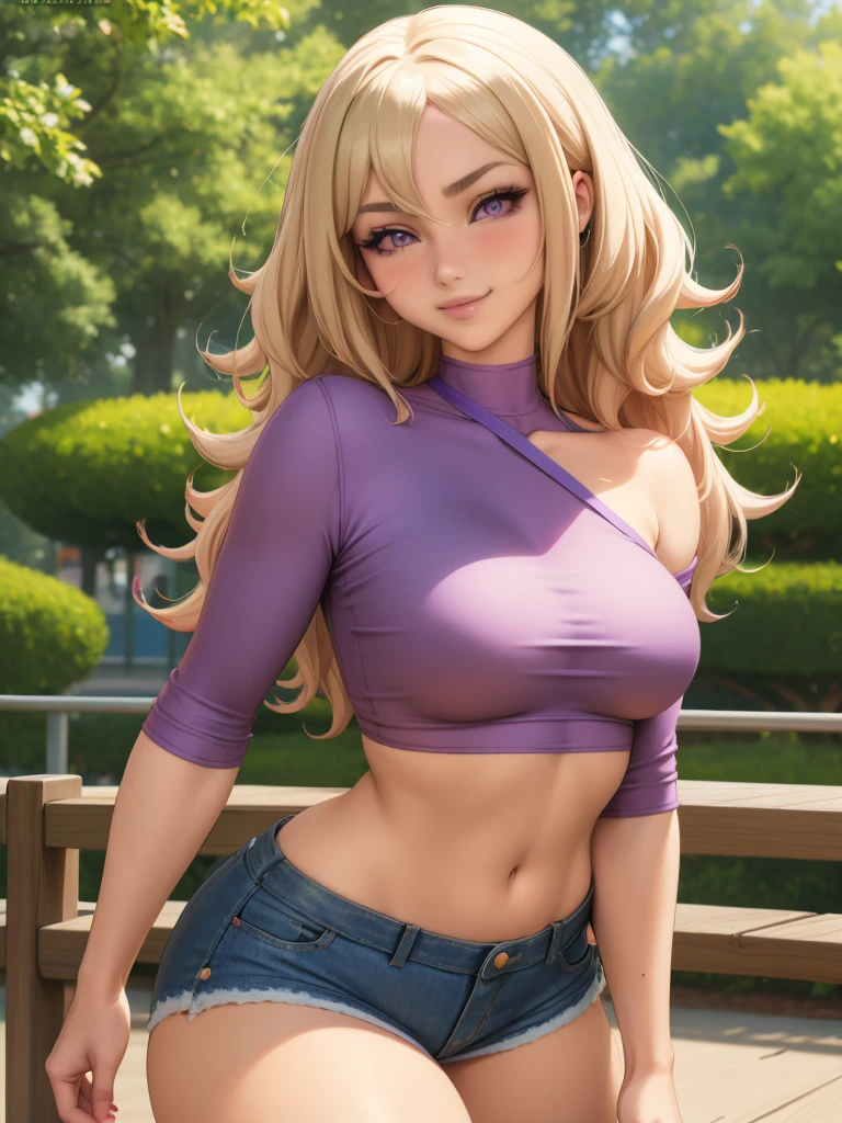 Anime girl, purple eyes, black blonde, hair with curls, voluptuous woman, ager, small breasts, shy smile, wallpaper, beautiful denim shorts, strap top, bouncing breasts, in the park