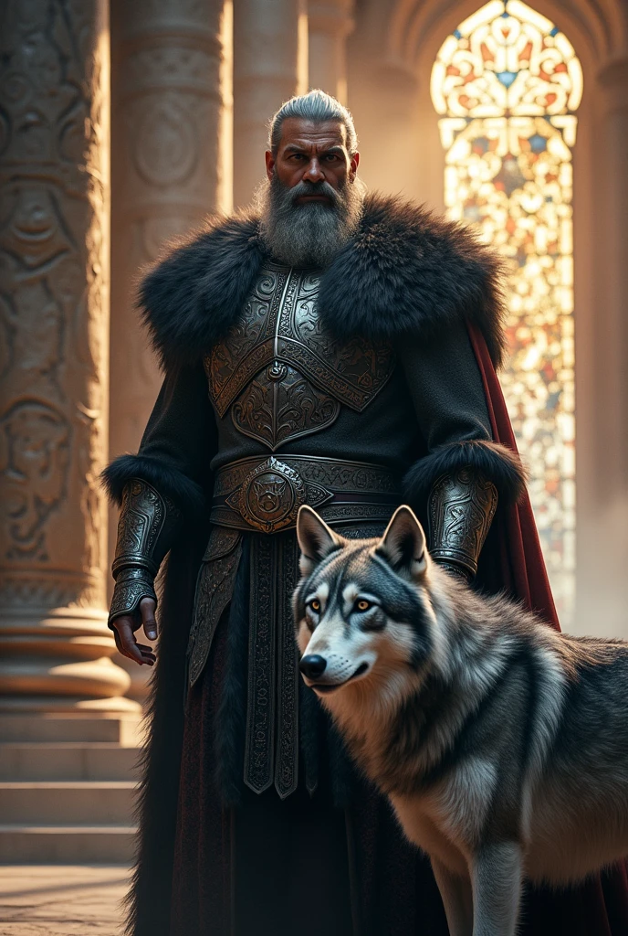 Create an image of Odin with a gray wolf in Valhalla