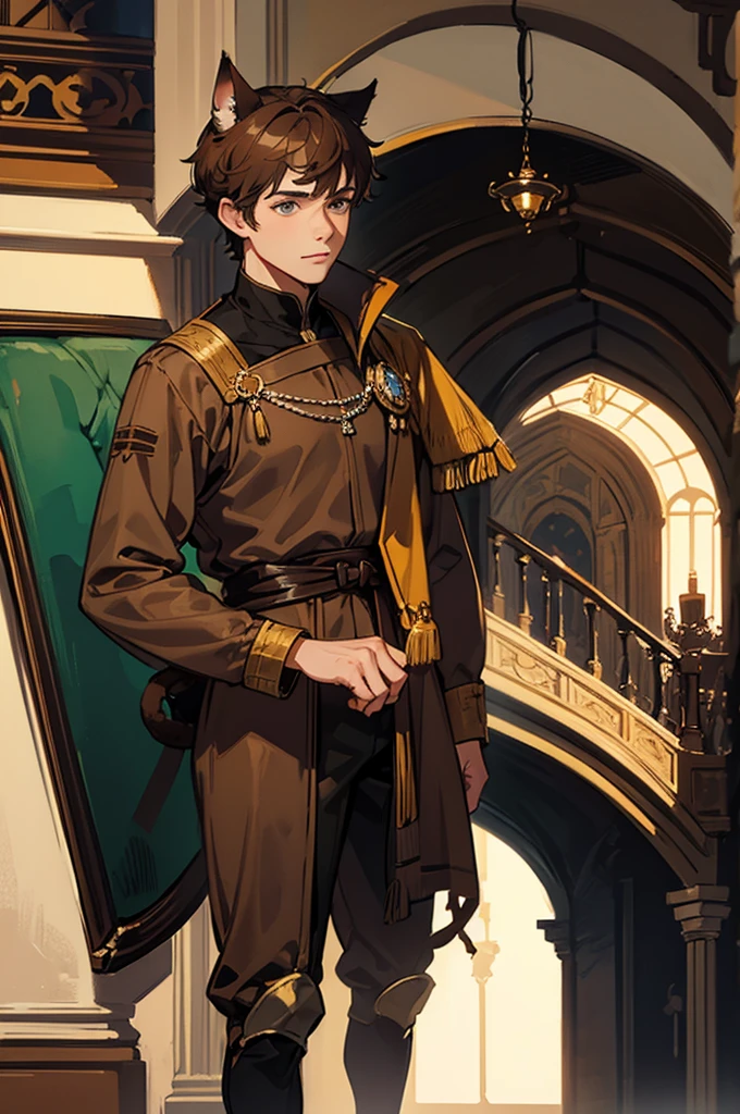 man, male, brown hair, short hair, grey eyes, brown cat ears, brown cat tail, fantasy wear, medieval wear, in a castle