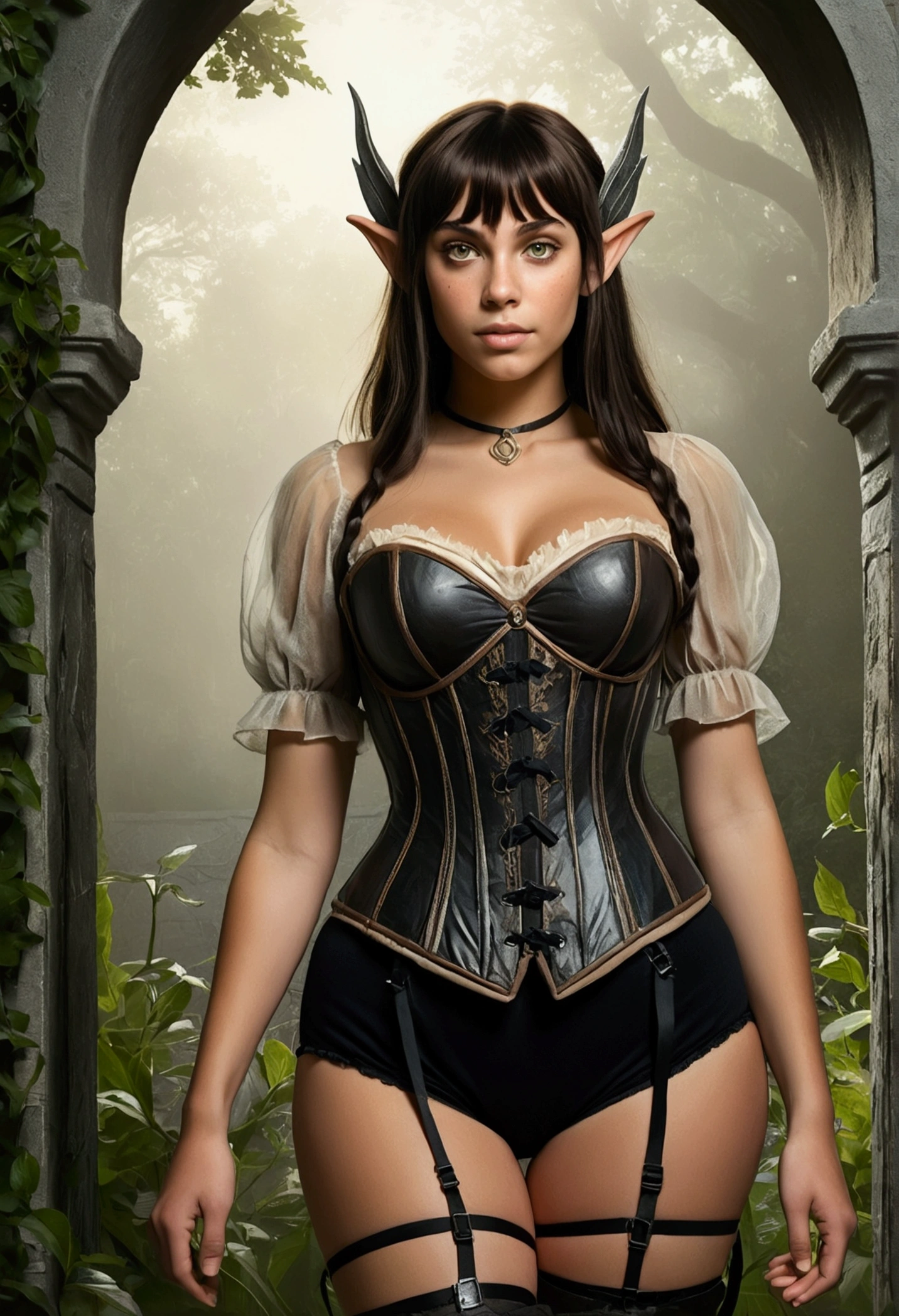 An illustrated movie poster, hand-drawn, full color, a teenage elven girl, wearing a black corset and bloomer shorts, tall, toned, amazonian stature, athletic hourglass figure, full wide hips, massive round butt, long shapely legs, ridiculously thick powerful thighs, long pointy elf ears, amber eyes, dark hair, shaggy bob cut with thick bangs, deep sun-tanned skintone, freckles, standing in a misty gothic garden, graphite shading, stencil marks, airbrushed acrylic paint, masterpiece, in the style of the Lord of the Rings