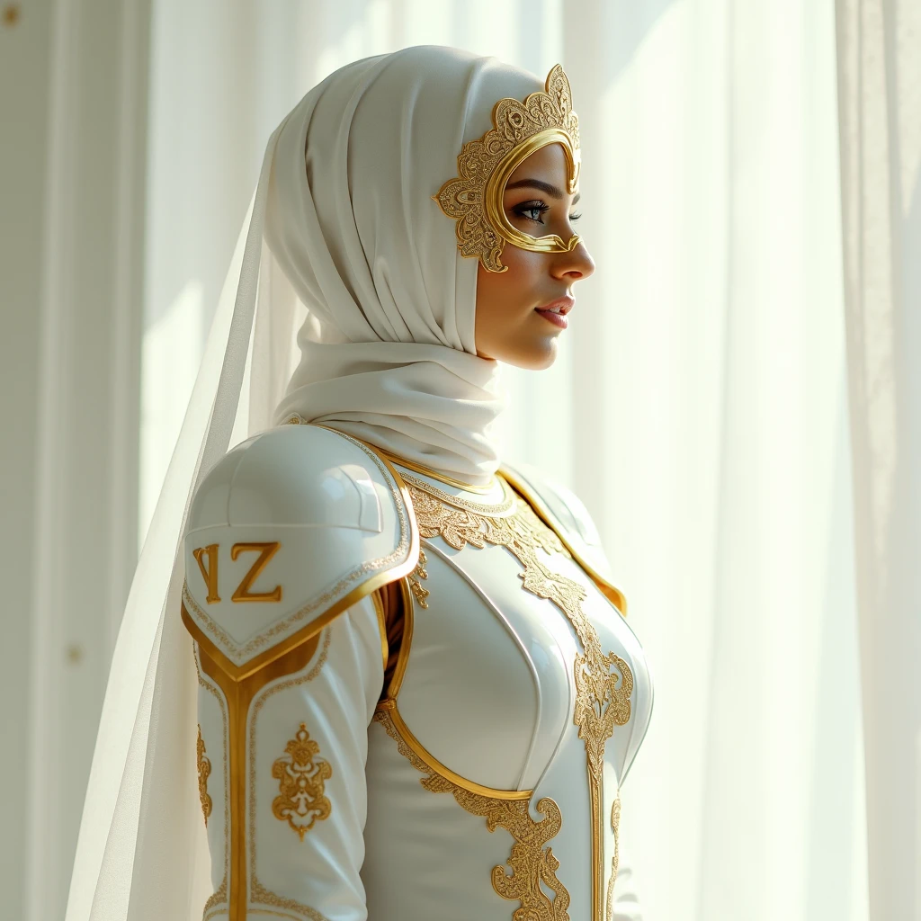 A Muslim woman who is extremely elegant and intelligent, who is also a warrior
On her armor put letters AZ and use golden and glassy white colors, the character is anonymous so use a golden mask on her armor and hide her face completely, this armor looks feminine and peaceful, use a white atmosphere on the background and make sure to put AZ letters on the armor