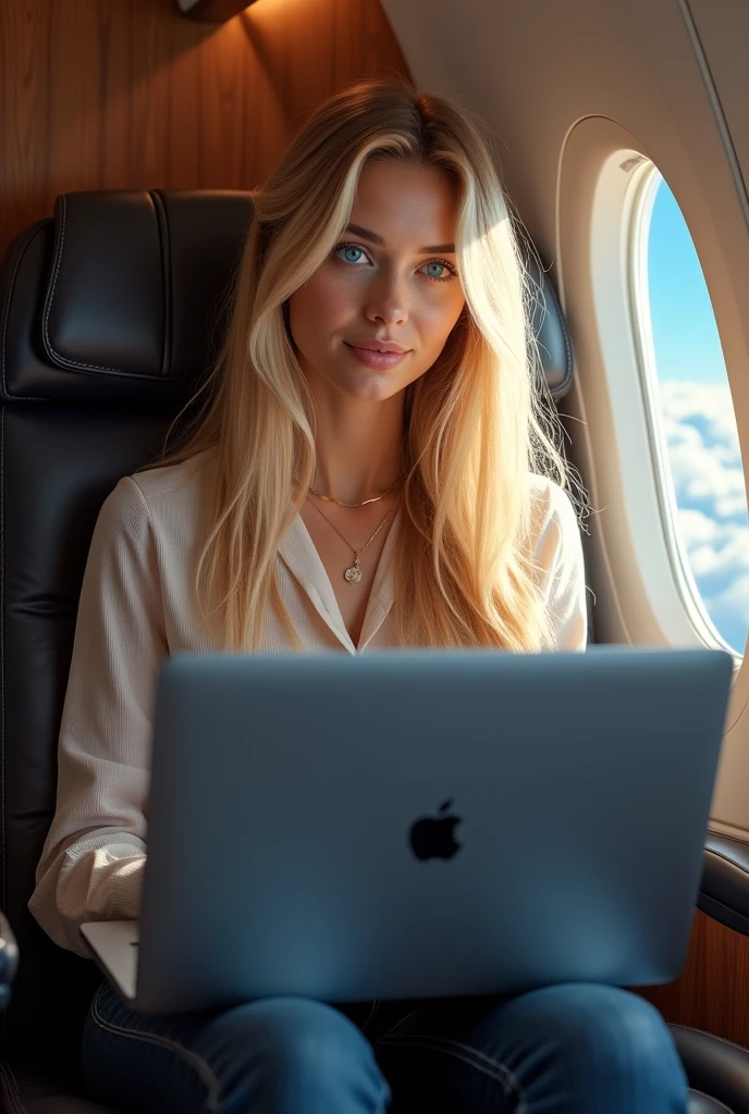 Beautiful 24 year old blonde girl with blue eyes and big breasts is traveling on a plane with her apple computer extremely detailed, realistic, photorealistic, high quality, 4k, 8k, masterpiece, ultra detailed, vivid colors, HDR, studio lighting , sharp focus, physical representation, professional portrait