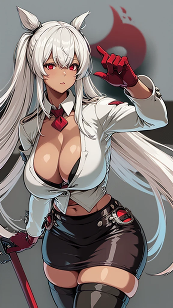 High detailed, 1 girl,AlabamaDef, White hair, Red eyes, big busty, firm curvy body, burgundy shirt, , deep cleavage, Juliet sleeves, pencil skirt, black thighhighs, red gloves