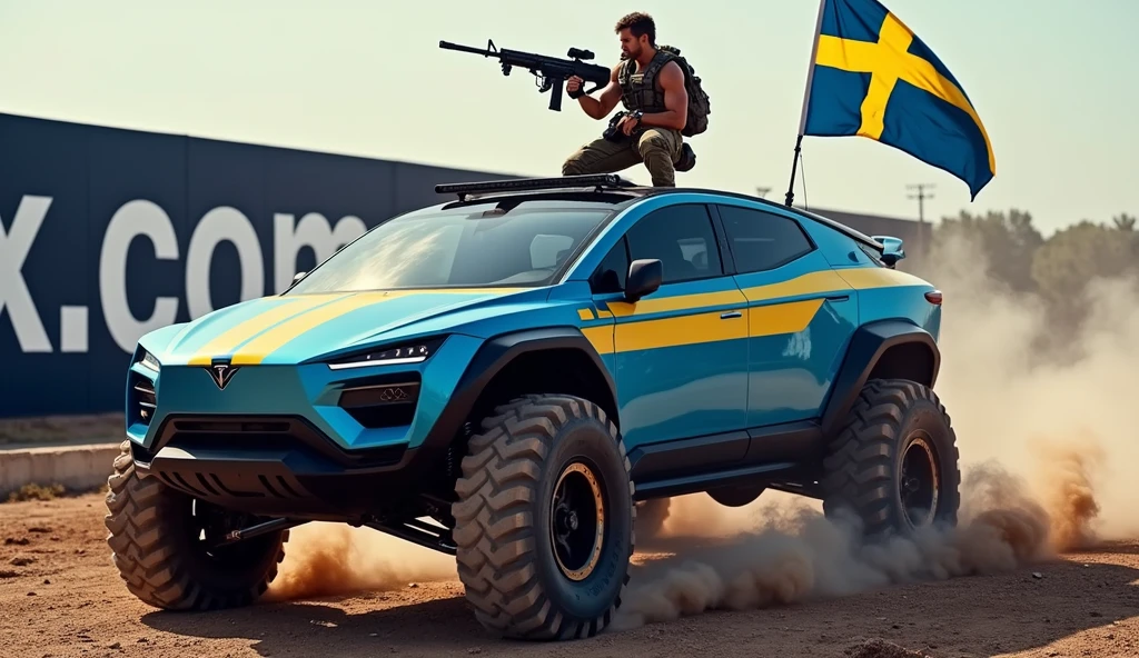 A highly trained Swedish special forces soldier, driving a futuristic blue Tesla Cybertruck with yellow stripes, performing adrenaline-fueled wheelies around a massive X.com logo sign, wielding an imposing heavy machine gun, a swedish flag on the back of the truck, cinematic, dramatic lighting, hyper-realistic, 8K, 3D render, photorealistic, chiaroscuro, moody, gritty, military, tactical, advanced technology, dynamic pose, muscular physique, tactical gear, serious expression, rugged environment, stunning visuals, powerful, intense