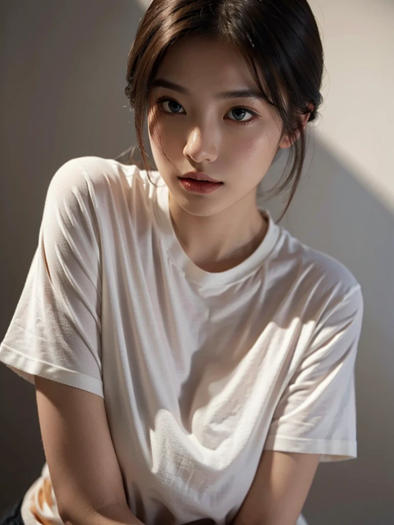 Highest quality、masterpiece、Ultra-high resolution、(Realism:1.4)、 1 person、In a pale background、Deep Shadow、Low Key、Shortcuts、Upper Body、sex appeal、Wearing a thick T-shirt、Cosmetic CM