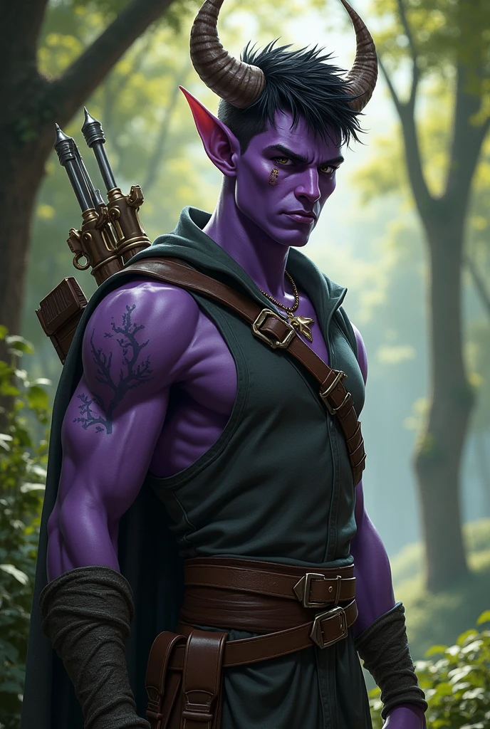 Male, Tiefling, ranger, dnd, vertical lip scar, violet skin color, 10000 thousand yard stare,
wolfcut, close head bent left horn, close head bent right crooked horn, sharp chin, black hair, black eyes. really bent horns, slim