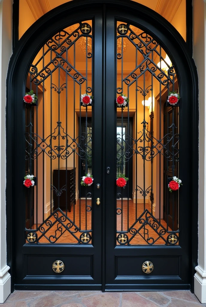 Black wrought iron door with a diamond-shaped grille and small sheet metal flowers in red at each intersection of the lines., white and gold.

