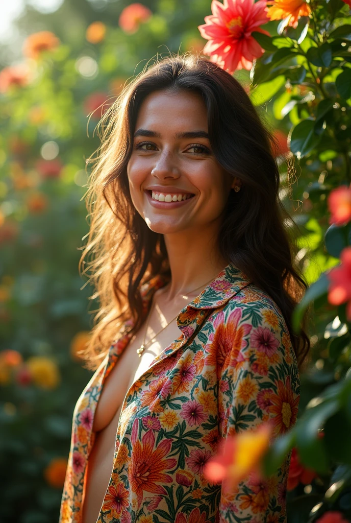 A Brazilian woman in a lush tropical garden, wearing an open shirt with a floral print, with a close-up capturing the harmonious beauty between her breasts and the natural flowers, showing off your natural charm and outgoing personality.