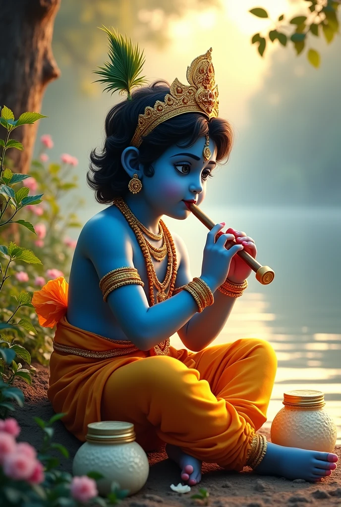 a lord krishna sitting and playing flute, detailed face and hands, beautiful ornaments, intricate details, serene expression, traditional indian clothing, lush garden background, golden light, dramatic lighting, cinematic composition, digital art, highly detailed, photorealistic, award winning art, masterpiece