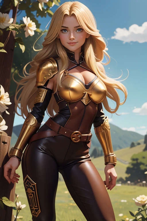 (8k, raw photo, Best Quality, maestro:1.2), (anime photo-anime:1.37), ultra detailed, 1 girl, Beautiful, Alone, Gorgeous detailed blue sky with fluffy clouds, (blush), (whole body: 1.1), (smile: 1.1), (shut up), big breasts, Beautiful and delicate blue eyes, (Tight blue heavy armor with intricate engravings of leaves and flowers : 1.1), Golden metal pieces covering her shoulders and arms, Dark brown leather belt with metal buckles, tight leather pants, Brown leather boots, A cross adorns her chest, (long blonde hair: 1.2), flowing hair, high contrast, Proporciones de whole body, (astride, stretch the legs, thin legs), Chest closeup, full color