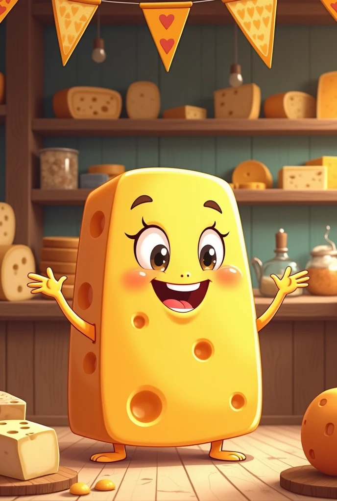 Give me an image of a happy cheese and the NAME HOUSE OF THE CHEESE BQ