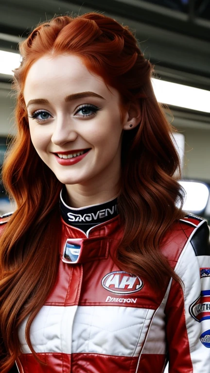 Janet Devlin wearing sexy racing driver clothes with lipstick and smiling
