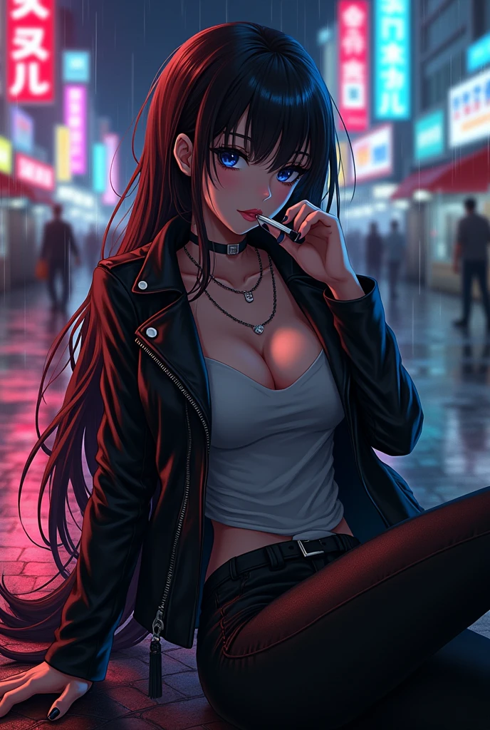 female anime wearing a jacket and smoking a cigarette