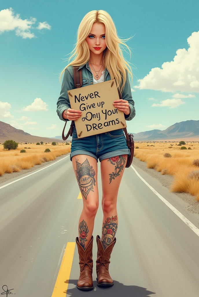 fusion of watercolors and oil paintings, mix of monochrome and colorful, Beautiful and attractive woman, hitchhiking on a road in the middle of nowhere, (hitchhiking, Gesture, signo), with a sign around her neck that says "Never give up on your dreams", yandere, ssmile lindo, ssmile lindo, ssmile, happy, cute and loving face, blonde half raised, long and straight hair, make-up, huge mouth, blue colored eyes, ((((extremely thick legs)))), covered in tattoos, wearing a simple shirt, short jeans , Western Boots, (ultra-detailed, Absolute Resolution, best qualityer: 1,3), 2,5D, delicate and dynamic, Artistic photography, hyperrealisti, digital graphic art in CG