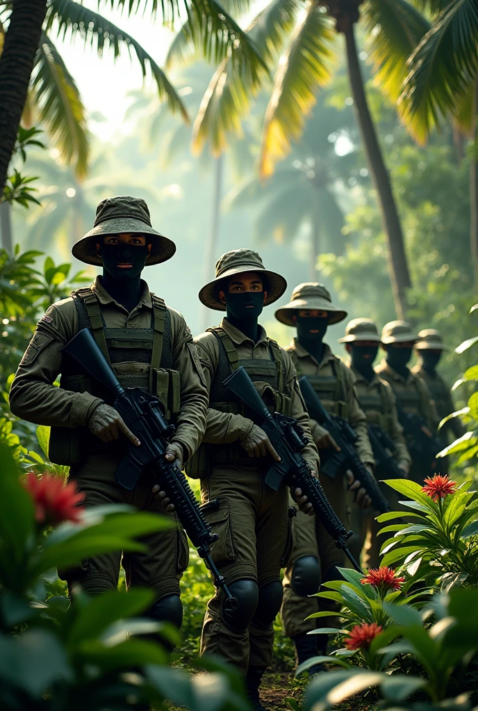 An image of special forces soldiers in a tropical jungle wearing hats 