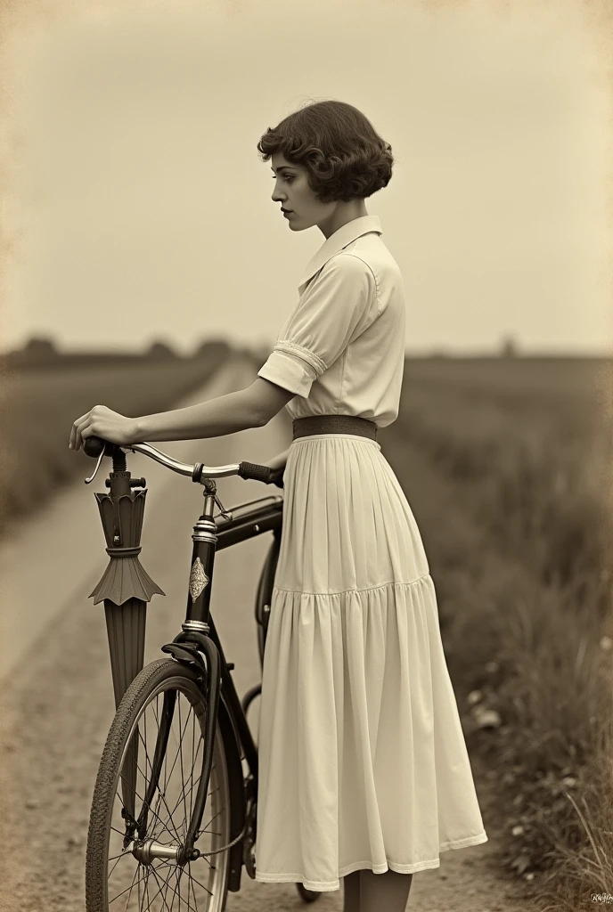 (photorealism:1.2), a woman with a short haircut, styled with volume and curls, typical of the era, stands directly in front of a classic bicycle. A parasol hangs from the bicycle's handlebar. She is wearing a white shirt along with a long, pleated white skirt that flows elegantly down to her ankles. One hand rests on the bicycle, while the other hand, down by her side, holds a cigarette. The scene takes place on a dirt road, with an open field and grass in the background. The entire image is in sepia tones, with an antique filter reminiscent of an old photograph