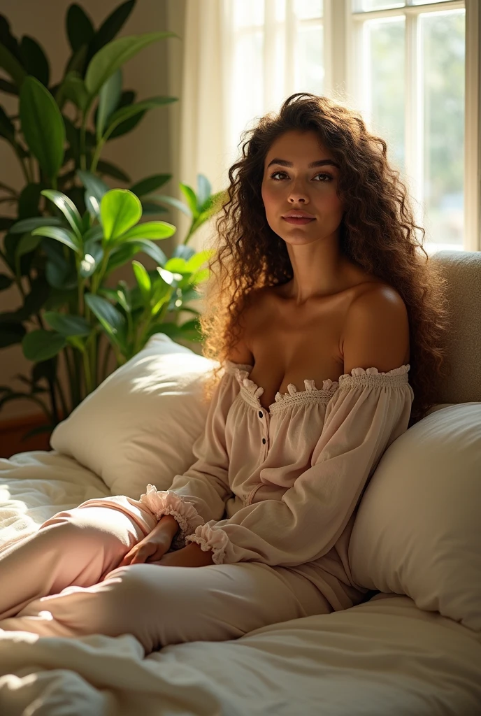 (photorealism:1.2), beautiful woman, sitting on bed, wearing loose off-shoulder top, pajama pants, long curly hair, indoors, soft lighting, plants in background, window with sunlight, cozy room, relaxed pose, realistic, intricate details, warm colors, by Greg Rutkowski, by Alphonse Mucha