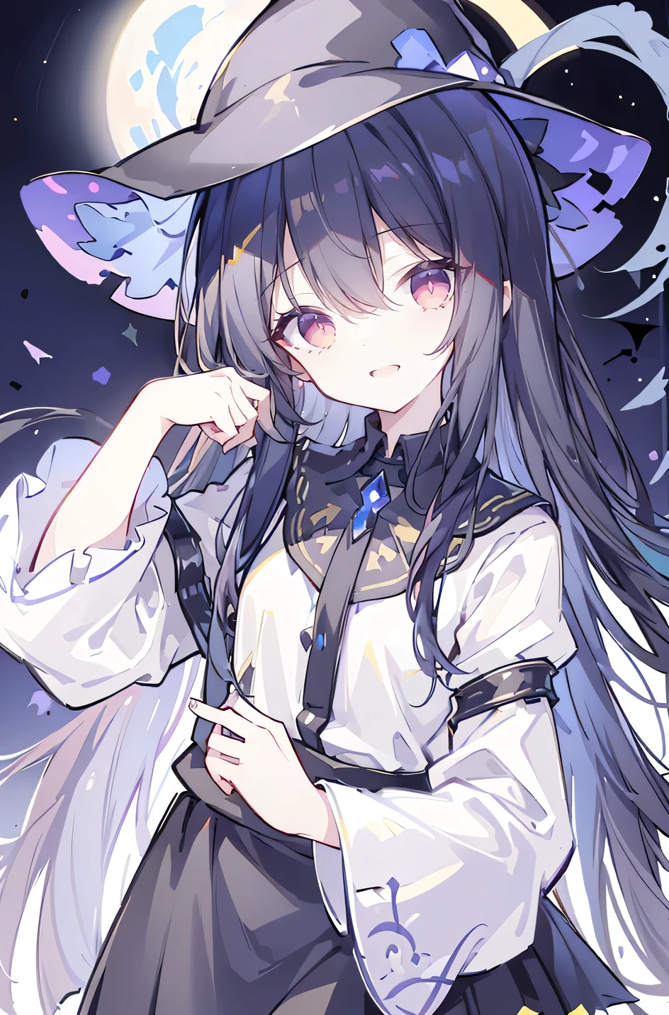 oung Girls,Humanity,A magician always smiles,big witch hat,cute,dark blue long hair,The eyes are dull,The bangs are heavy,Thin eyebrows,fantasy,intake,Double teeth,Star Theme,Constellation pattern,Solid color clothetal decoration,cloak,A bit of a dark atmosphere,A little crazy smile,When the big moon shines outside at night,blood,Hair black star embellishment,Short tie,No nails,High waist skirt,Bell sleeves,Long-sleeved shirt,Black tie,low risk,gentlemen。Mist、Yellow and white effect,Shocking pink as an accent color