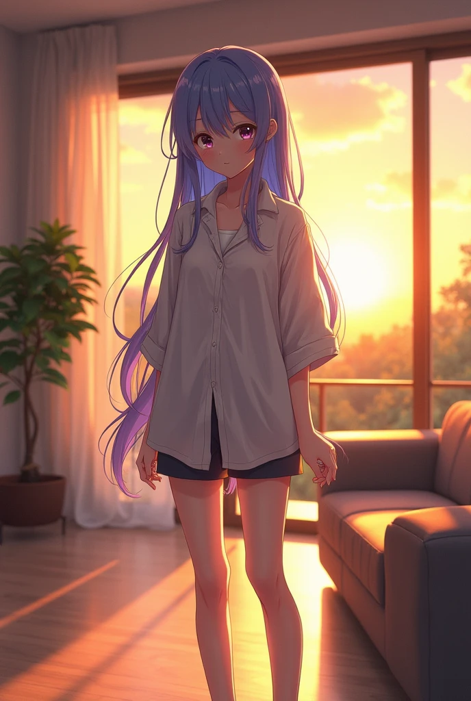 A 23 year old anime girl with small boobs and a small butt, wearing a huge oversized shirt and short shorts. Standing and facing straight ahead in a modern house during the sunset, black eyes and a bluish purple hair