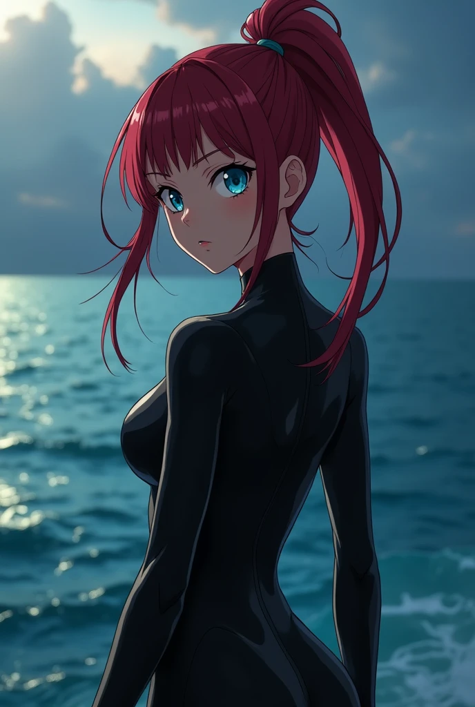 a beautiful anime girl, dark red hair in a ponytail, dark blue eyes, large breasts, wetsuit, (best quality,4k,8k,highres,masterpiece:1.2),ultra-detailed,(realistic,photorealistic,photo-realistic:1.37),highly detailed face, extremely detailed eyes, beautiful detailed lips, longeyelashes, intricate detail, detailed fabric textures, shiny wet wetsuit, dynamic pose, dramatic lighting, moody atmosphere, vibrant colors, cinematic composition