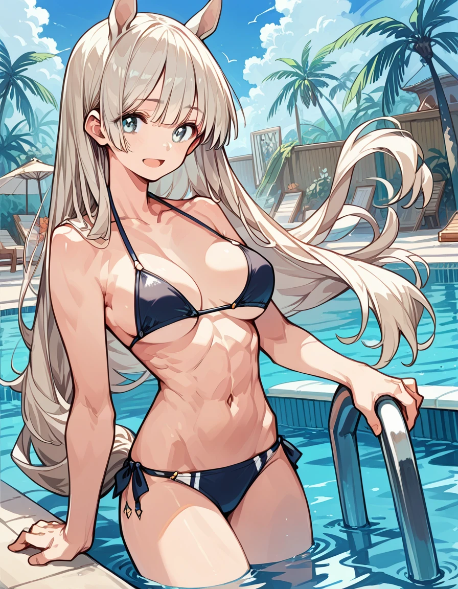 Satono Diamond \(umamusme\), (abs), muscular body, horse tail (bikini), big tits, smooth long hair, (ultra-detailed face), masterpiece,best quality, detailed eyes, official art, light smile, pool,open mouth,