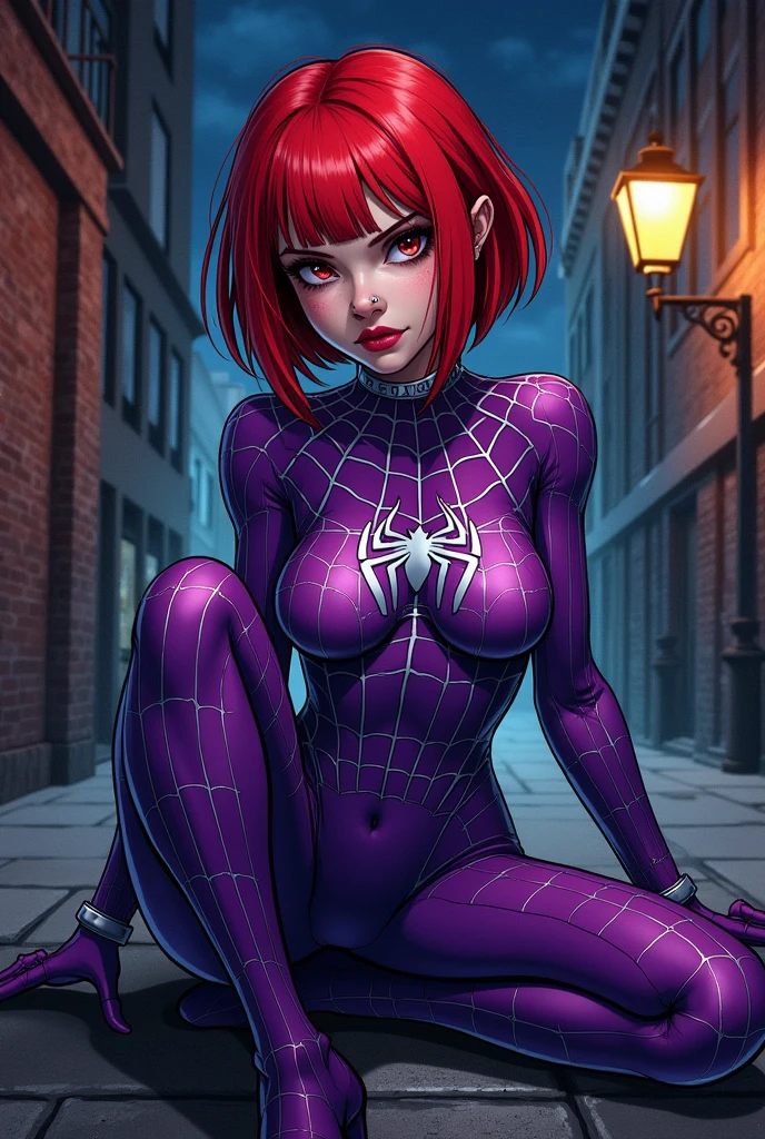 Gothic girl comic style with short red hair,with purple spiderman outfit,piercings nariz, sitting 